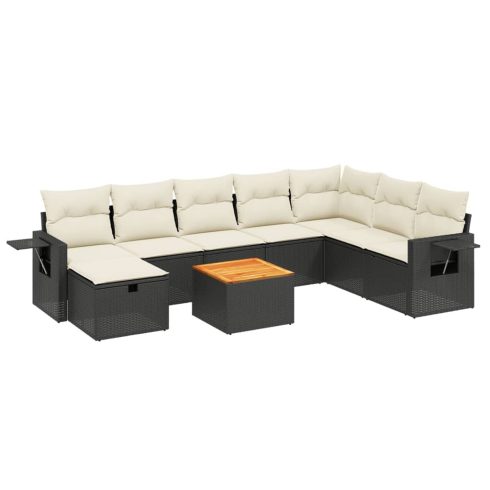 9 részes fekete polyrattan kerti ülőgarnitúra párnákkal