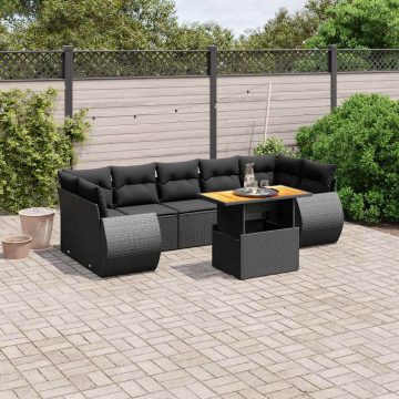   8 részes fekete polyrattan kerti ülőgarnitúra párnákkal