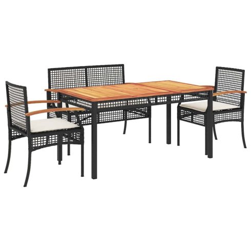 4 részes fekete polyrattan kerti étkezőszett párnákkal