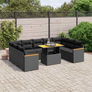   10 részes fekete polyrattan kerti ülőgarnitúra párnákkal