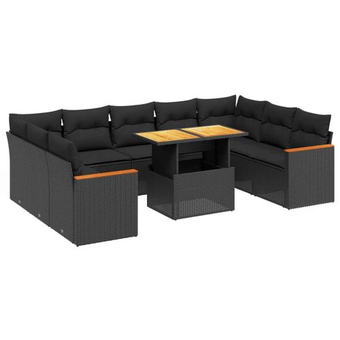 10 részes fekete polyrattan kerti ülőgarnitúra párnákkal