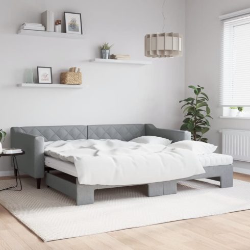 Világosszürke kihúzható szövet heverő matracokkal 100 x 200 cm