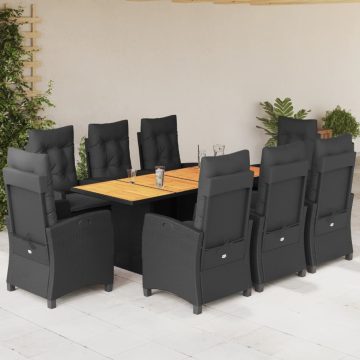   9 részes fekete polyrattan kerti étkezőgarnitúra párnákkal