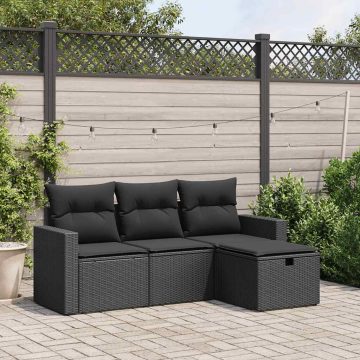   4 részes fekete polyrattan kerti ülőgarnitúra párnákkal