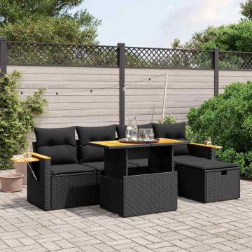   6 részes fekete polyrattan kerti ülőgarnitúra párnákkal