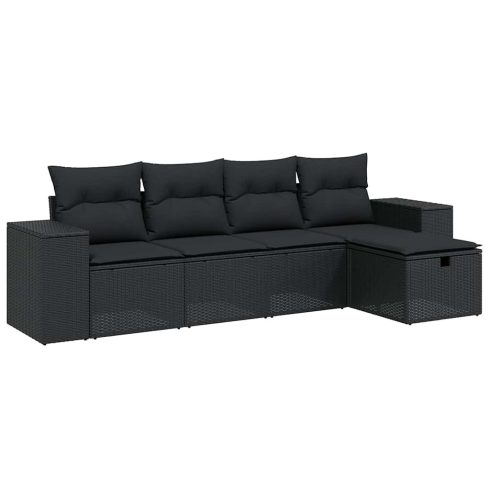 5 részes fekete polyrattan kerti kanapészett párnákkal