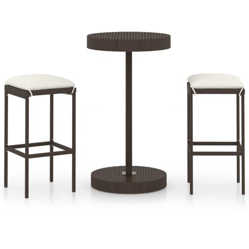 3 részes barna polyrattan kerti bárszett párnákkal