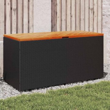   Fekete polyrattan és akácfa kerti tárolóláda 110 x 50 x 54 cm
