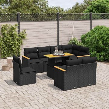   9 részes fekete polyrattan kerti ülőgarnitúra párnákkal