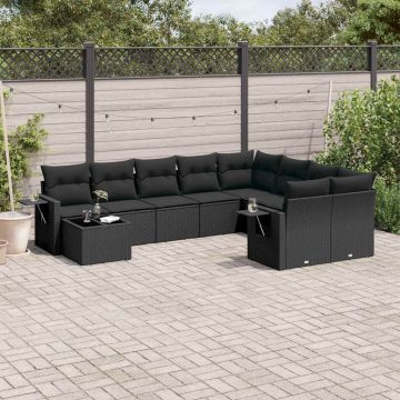  10 részes fekete polyrattan kerti ülőgarnitúra párnákkal