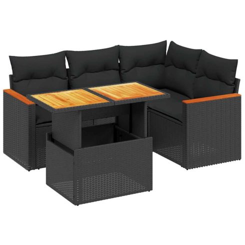 5 részes fekete polyrattan kerti kanapészett párnákkal
