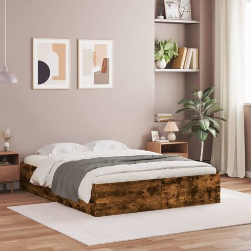 Füstös tölgy színű szerelt fa ágykeret fiókokkal 150x200 cm