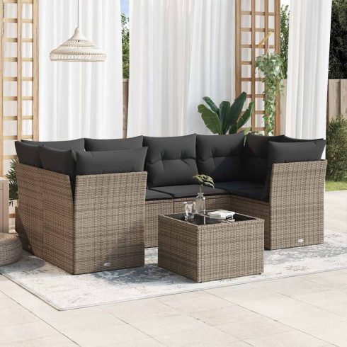 7 részes szürke polyrattan kerti ülőgarnitúra párnákkal