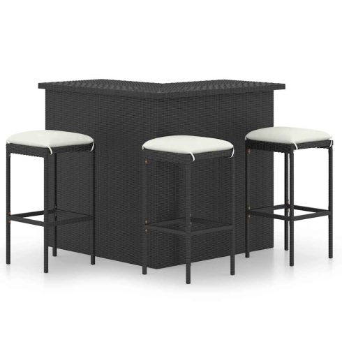 4 részes fekete polyrattan kerti bárszett párnával