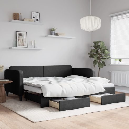 Fekete kihúzható szövet heverő fiókokkal 90 x 200 cm
