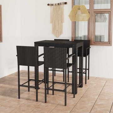   5 részes fekete polyrattan kültéri bárszett kartámasszal