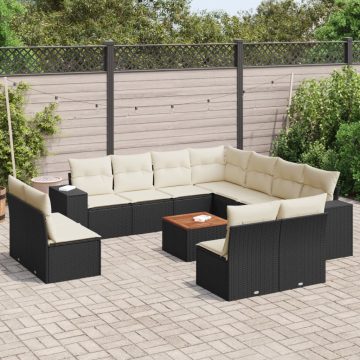   12 részes fekete polyrattan kerti ülőgarnitúra párnákkal
