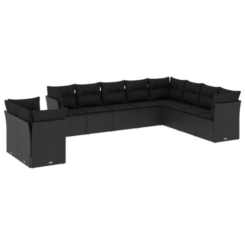 10 részes fekete polyrattan kerti ülőgarnitúra párnákkal