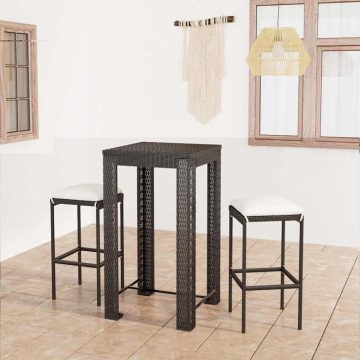 3 részes fekete polyrattan kültéri bárszett párnákkal