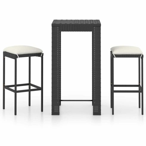 3 részes fekete polyrattan kültéri bárszett párnákkal