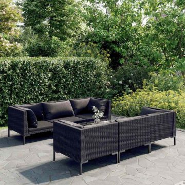   7 részes sötétszürke polyrattan kerti bútorszett párnákkal
