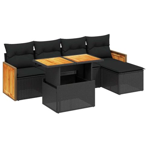 6 részes fekete polyrattan kerti ülőgarnitúra párnákkal