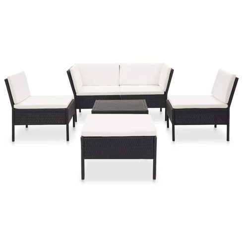 6-részes fekete polyrattan kerti bútorszett párnákkal