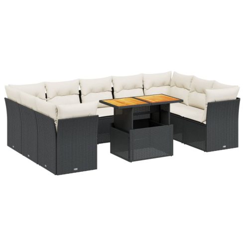 10 részes fekete polyrattan kerti ülőgarnitúra párnákkal
