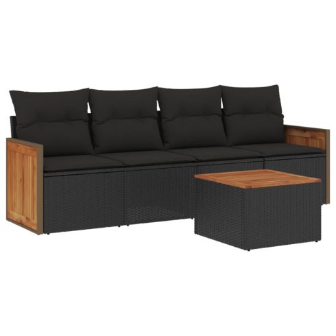 5 részes fekete polyrattan kerti kanapészett párnákkal