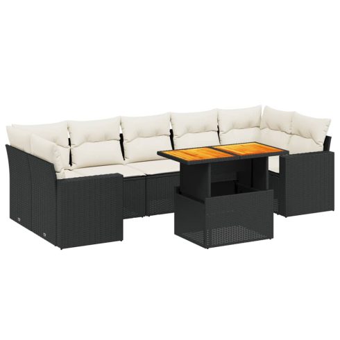 8 részes fekete polyrattan kerti ülőgarnitúra párnákkal