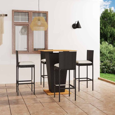 5 részes fekete polyrattan kerti bárszett párnákkal