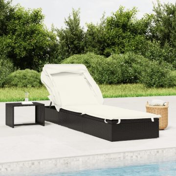   Fekete polyrattan napozóágy összecsukható tetővel 213x63x97 cm