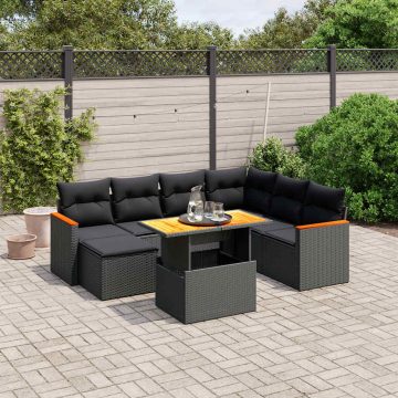   8 részes fekete polyrattan kerti ülőgarnitúra párnákkal