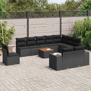   11 részes fekete polyrattan kerti ülőgarnitúra párnákkal