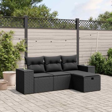   4 részes fekete polyrattan kerti ülőgarnitúra párnákkal