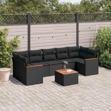   8 részes fekete polyrattan kerti ülőgarnitúra párnákkal