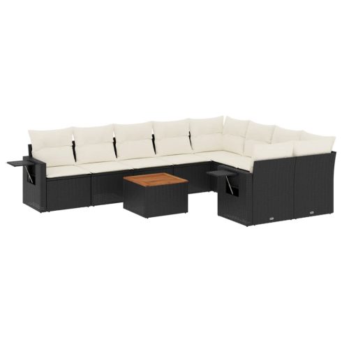 10 részes fekete polyrattan kerti ülőgarnitúra párnákkal