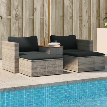   5 részes szürke polyrattan akácfa kerti ülőgarnitúra párnákkal