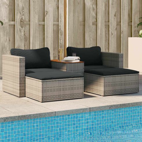 5 részes szürke polyrattan akácfa kerti ülőgarnitúra párnákkal