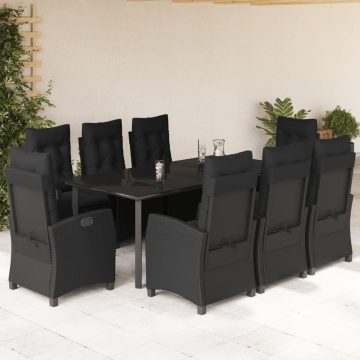   9 részes fekete polyrattan kerti étkezőgarnitúra párnákkal