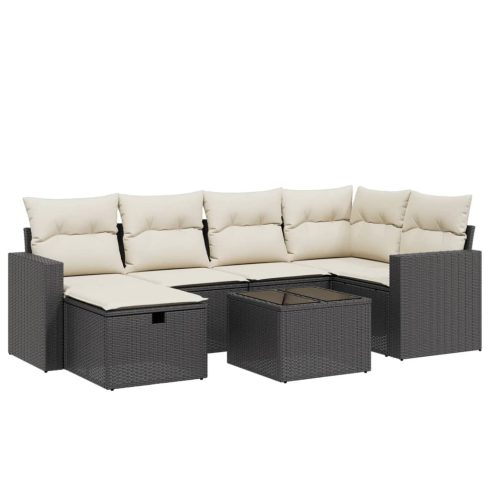 7 részes fekete polyrattan kerti ülőgarnitúra párnával