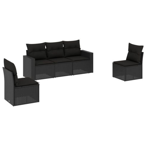 5 részes fekete polyrattan kerti kanapészett párnákkal