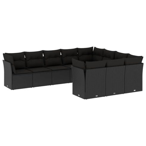 10 részes fekete polyrattan kerti ülőgarnitúra párnákkal