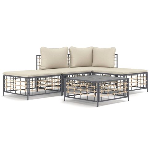 5 részes antracitszürke polyrattan kerti ülőgarnitúra párnákkal