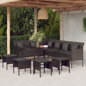  6 részes fekete polyrattan kerti étkezőgarnitúra párnákkal