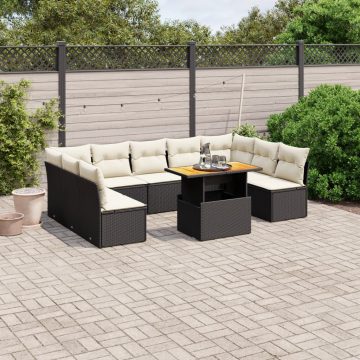   10 részes fekete polyrattan kerti ülőgarnitúra párnákkal