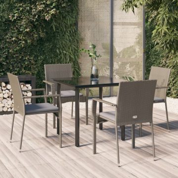   5 részes fekete és szürke polyrattan kerti étkezőszett párnával