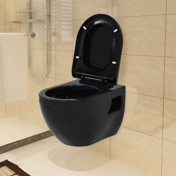   Fekete falra szerelhető kerámia WC rejtett öblítőtartállyal
