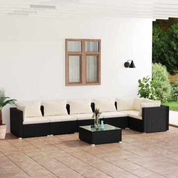   7 részes fekete polyrattan kerti ülőgarnitúra párnákkal