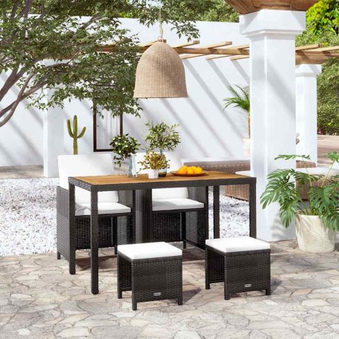 5 darabos fekete kültéri polyrattan és akácfa étkezőszett